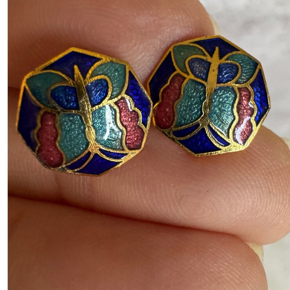 Retro 1980s Cloisonné Butterfly Enamel Octagonal Earrings Boho Cottagecore